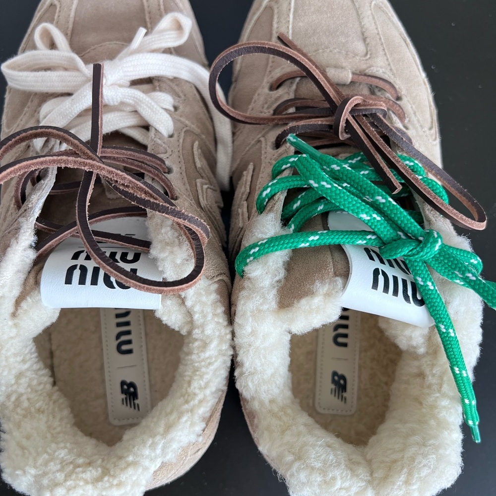 Miu Miu  Fur Beige Sneakers with Green and White  Brown Laces Authentic Sz 37 - Picture 6 of 11